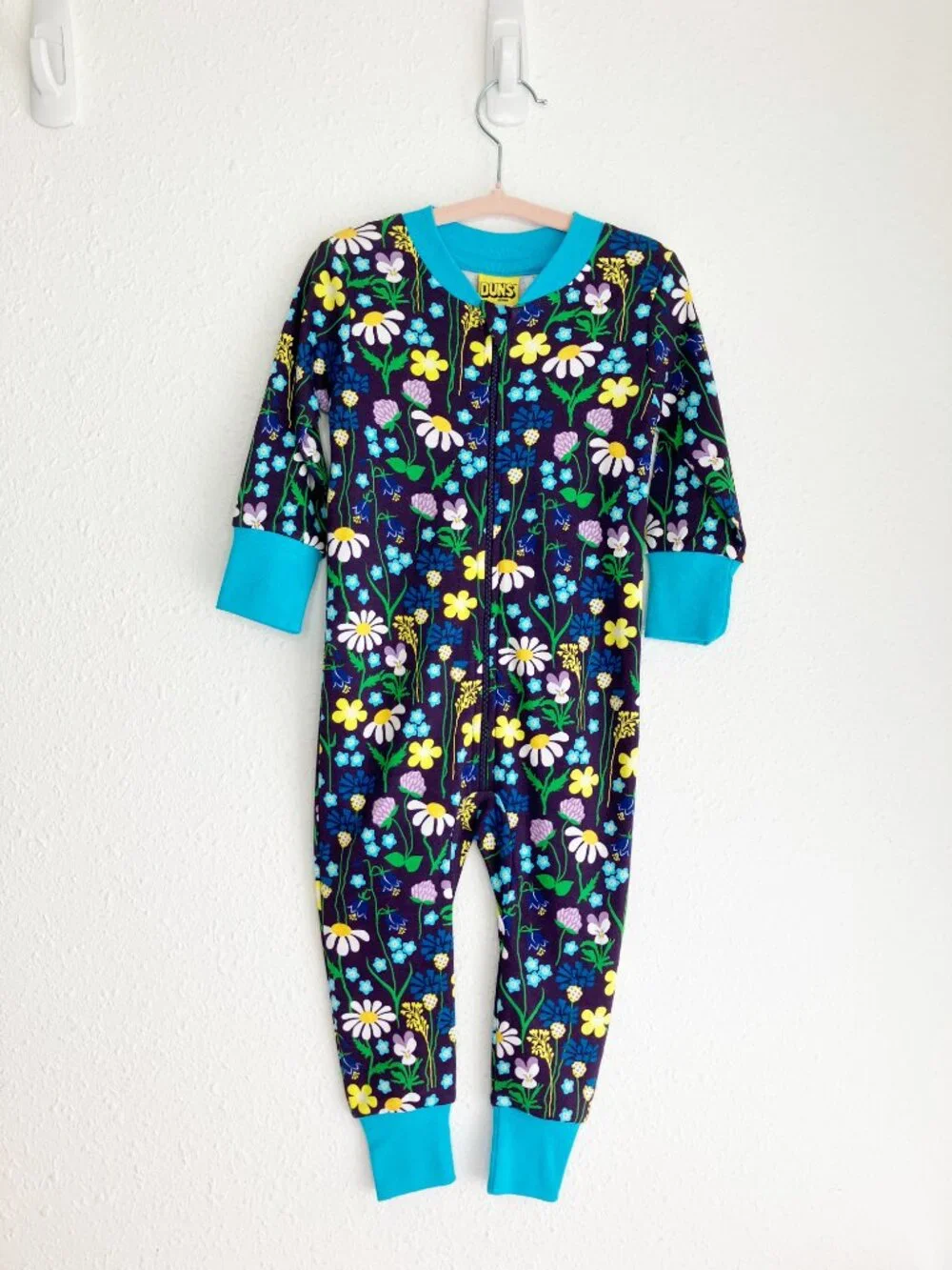 NWT DUNS Sweden zip suit romper floral organic cotton turquoise trim 9-12 months